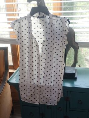 White Sleeveless Polka Dot Blouse with Navy Dots